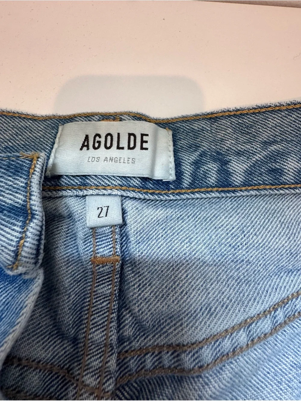 Agolde Light Blue Distressed High-Rise Denim Shorts- Parker Long